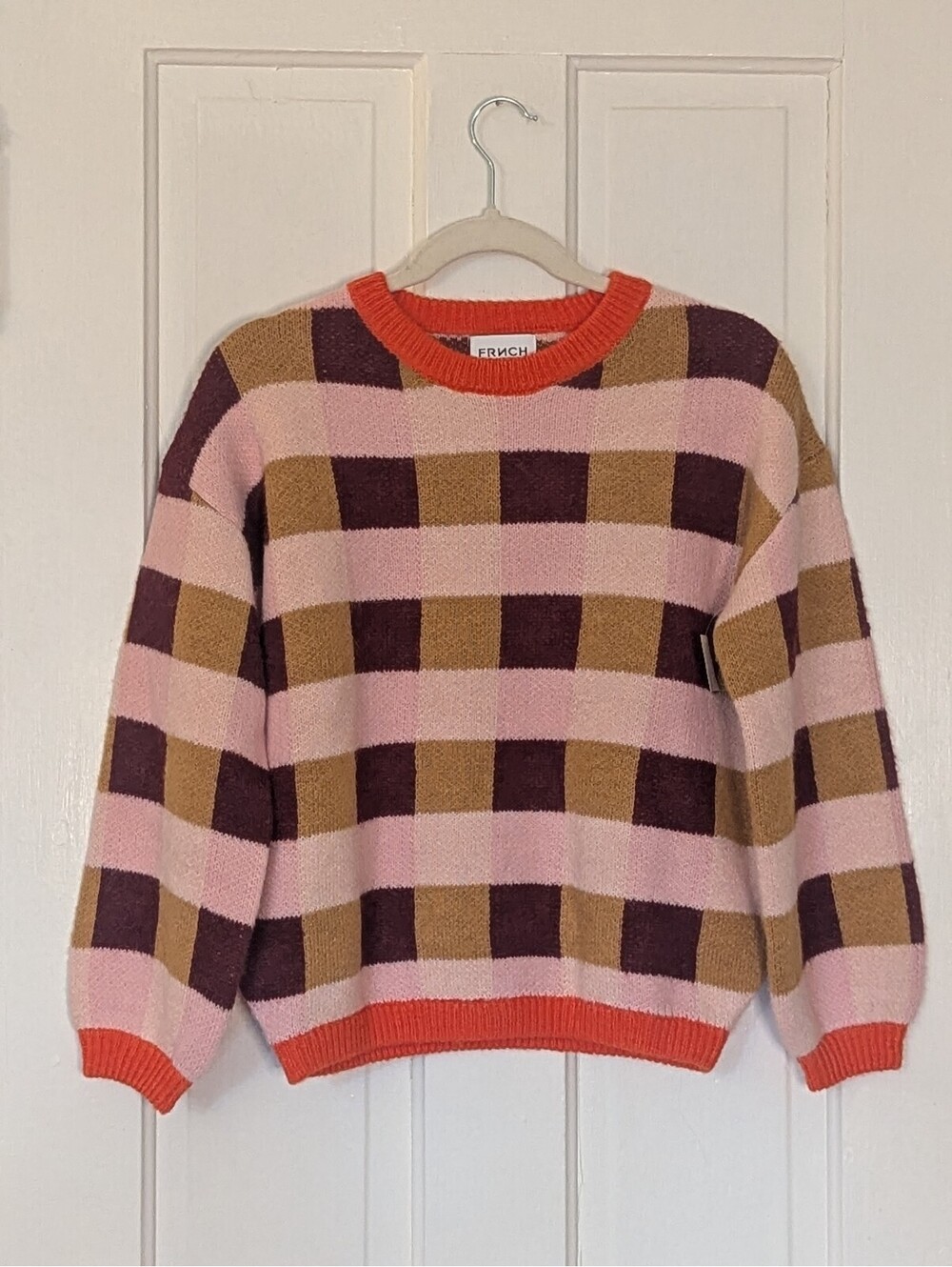 NWT FRNCH PARIS PLAID COLORBLOCK FUZZY KNIT SWEATER PINK BURGUNDY CAMEL | SZ XS
